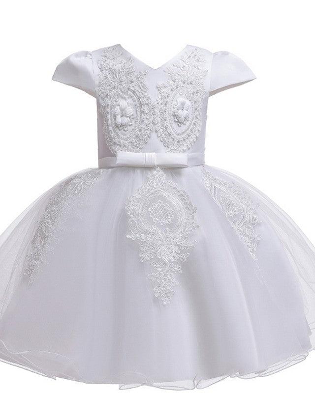 Tulle V Neck Short Sleeve Ball Gown Flower Girl Wedding Dress With Appliques - photo 5