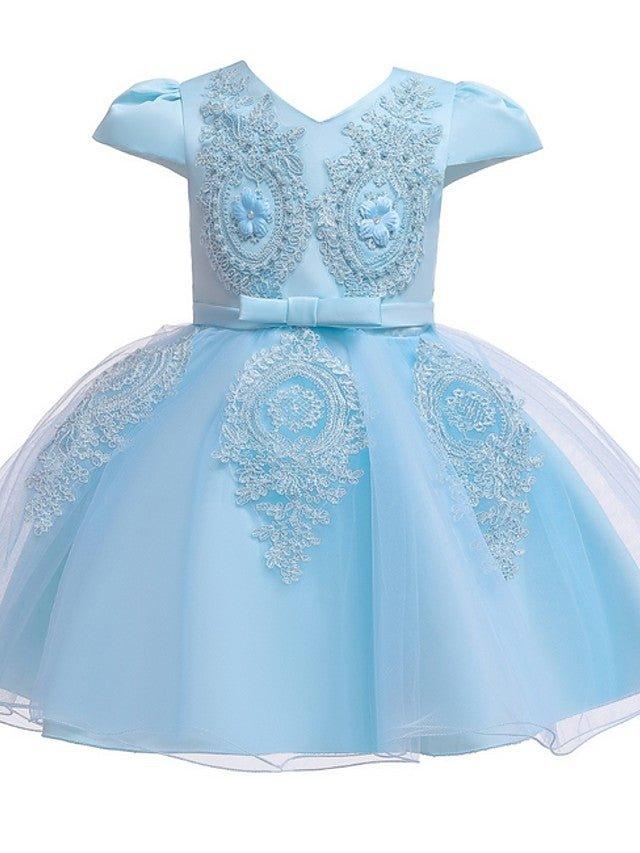 NumberSea - Ball Gown Tulle Short Sleeve V Neck Wedding Party Flower Girl Dresses