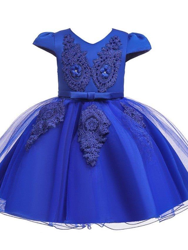 Tulle V Neck Short Sleeve Ball Gown Flower Girl Wedding Dress With Appliques - photo 4