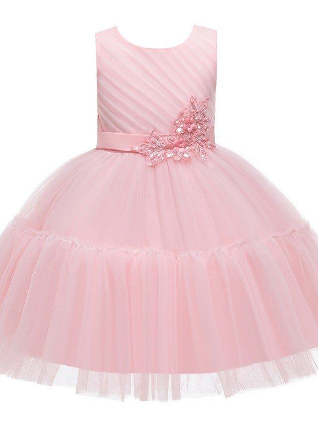 Knee Length Ball Gown Tulle Sleeveless Jewel Neck Applique Flower Girl Dress - photo 6