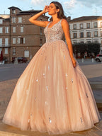 Robe de bal en tulle, col en V, perles, sans manches, longue jusqu'au sol, robe de soirée