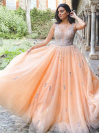 Robe de bal en tulle, col en V, perles, sans manches, longue jusqu'au sol, robe de soirée