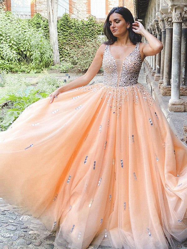 Robe de bal en tulle, col en V, perles, sans manches, longue jusqu'au sol, robe de soirée