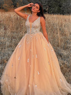 Robe de bal en tulle, col en V, perles, sans manches, longue jusqu'au sol, robe de soirée