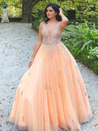 Robe de bal en tulle, col en V, perles, sans manches, longue jusqu'au sol, robe de soirée