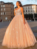 Robe de bal en tulle, col en V, perles, sans manches, longue jusqu'au sol, robe de soirée
