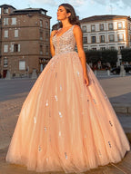 Robe de bal en tulle, col en V, perles, sans manches, longue jusqu'au sol, robe de soirée