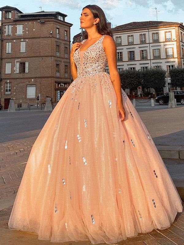 Robe de bal en tulle, col en V, perles, sans manches, longue jusqu'au sol, robe de soirée