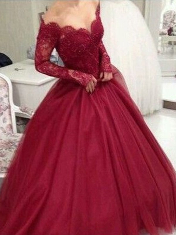Abito da ballo con scollo a V, maniche lunghe, lunghezza fino al pavimento, in pizzo e tulle per serate di gala