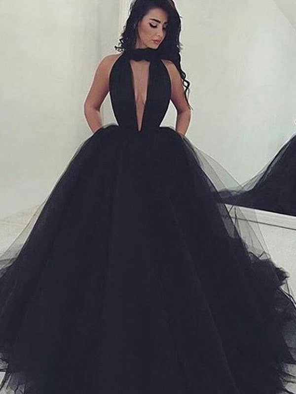 Robe de bal à décolleté en V, sans manches, traîne de cour, en tulle, robe de soirée