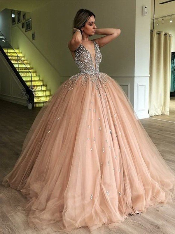 Robe de bal à décolleté en V, sans manches, longue jusqu'au sol, ornée de perles, en tulle, robe de soirée
