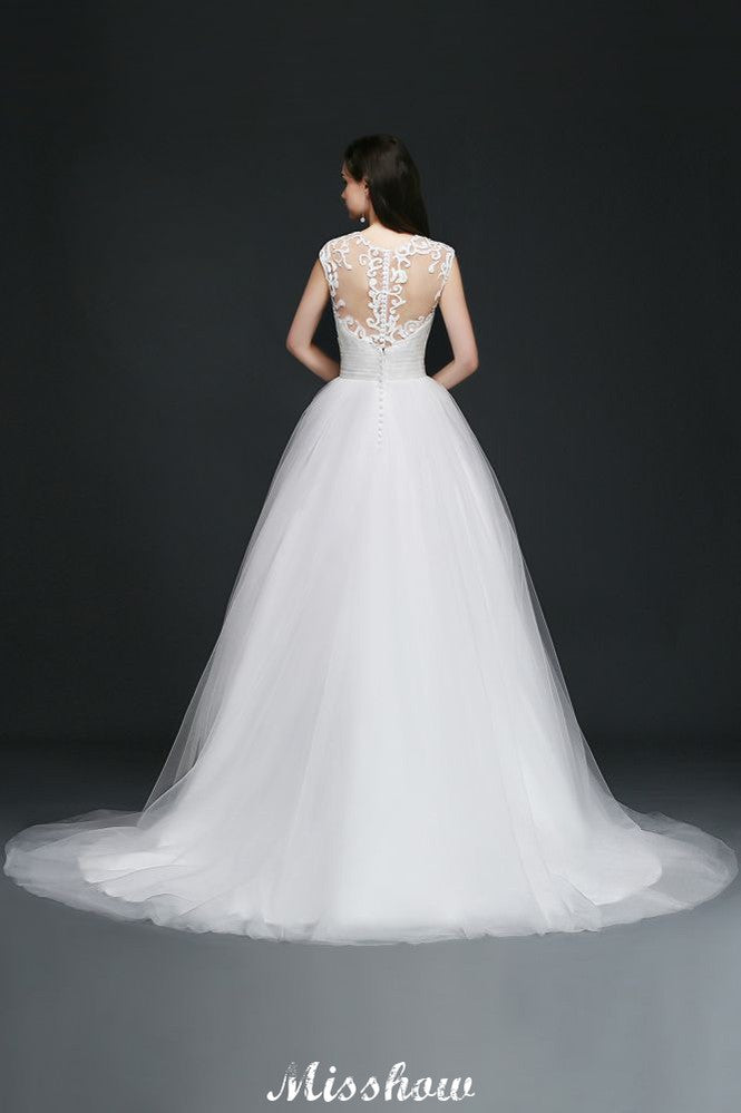 Robe de bal en tulle élégante pour mariage avec col en V et boutons