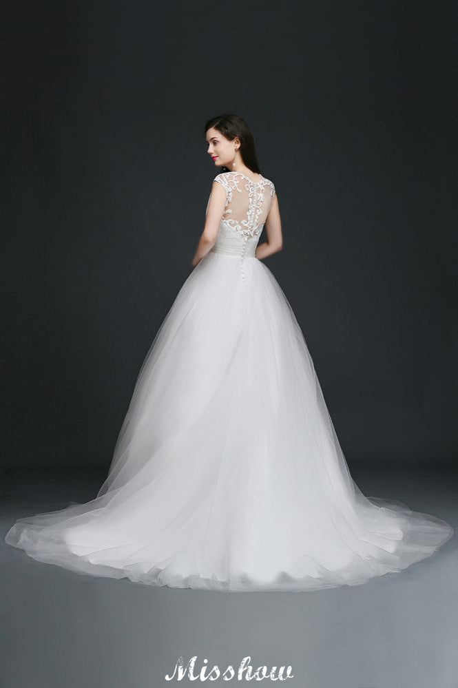 Robe de bal en tulle élégante pour mariage avec col en V et boutons