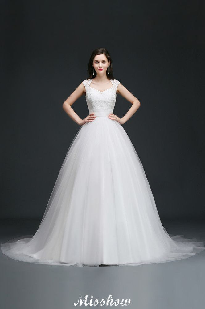 Robe de bal en tulle élégante pour mariage avec col en V et boutons