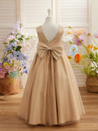 Champagne Beaded Ball Gown Flower Girl Dress Satin Tulle Scoop Neck - photo 3