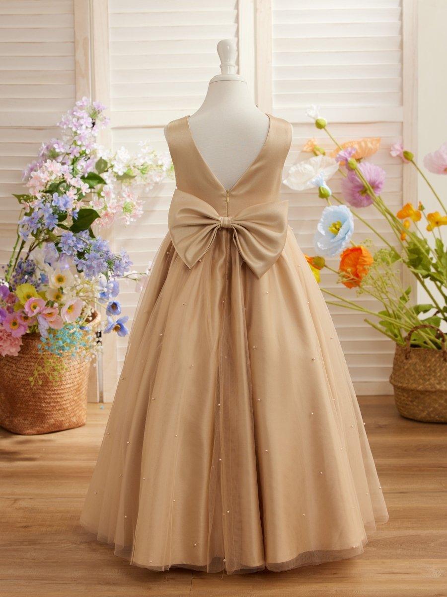 Champagne Beaded Ball Gown Flower Girl Dress Satin Tulle Scoop Neck - photo 3