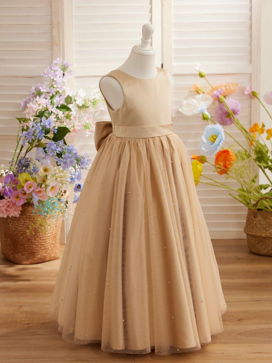 Champagne Beaded Ball Gown Flower Girl Dress Satin Tulle Scoop Neck - photo 2