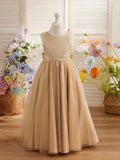 Champagne Beaded Ball Gown Flower Girl Dress Satin Tulle Scoop Neck - photo 1