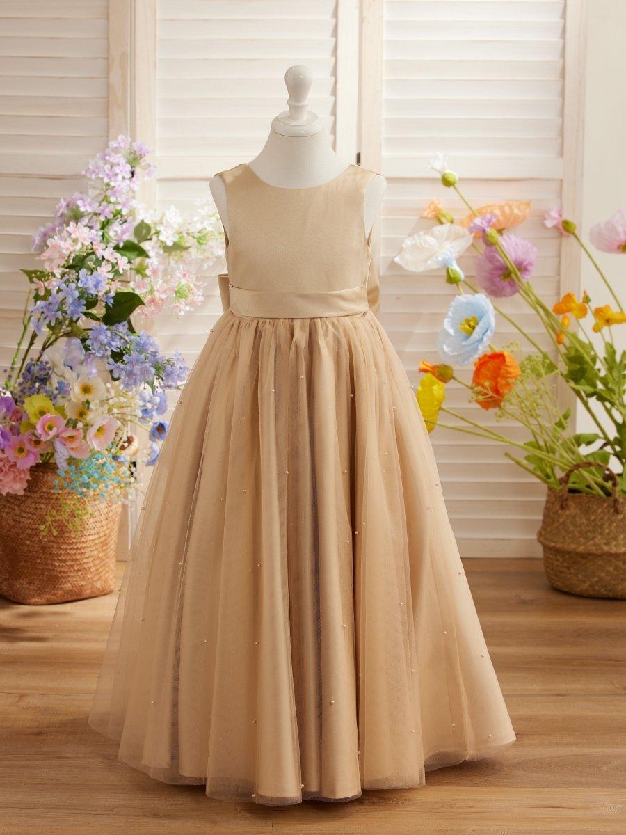 Champagne Beaded Ball Gown Flower Girl Dress Satin Tulle Scoop Neck - photo 1