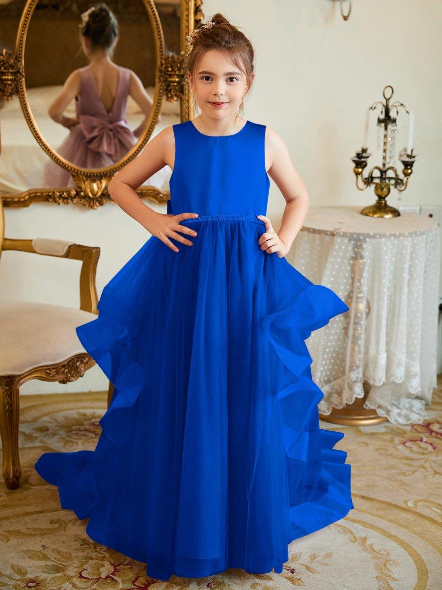 Beaded Satin Tulle Flower Girl Dress Ball Gown Floor Length Scoop Neck - photo 1