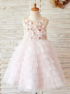 Princess Ball Gown Satin Tulle Pink Knee Length Flower Girl Dress - photo 1