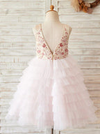 Princess Ball Gown Satin Tulle Pink Knee Length Flower Girl Dress - photo 2