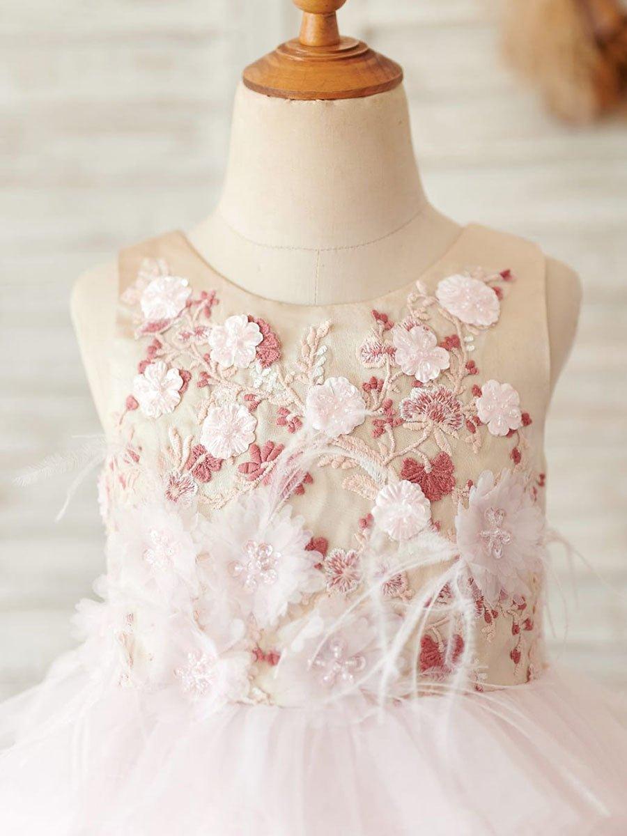 Princess Ball Gown Satin Tulle Pink Knee Length Flower Girl Dress - photo 3