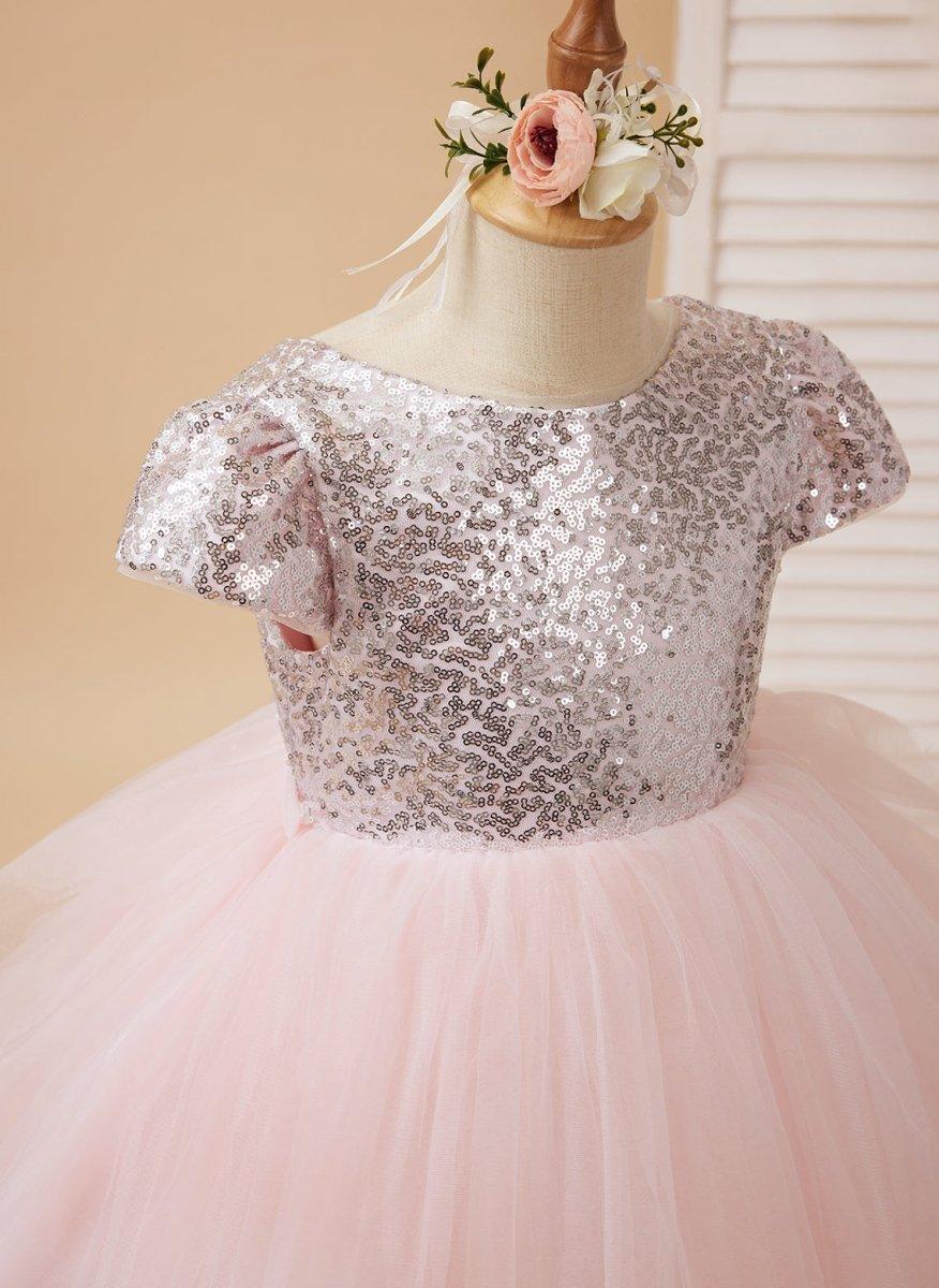 Pink Sequined Tulle Flower Girl Dress Ball Gown Short Sleeves V Back - photo 2