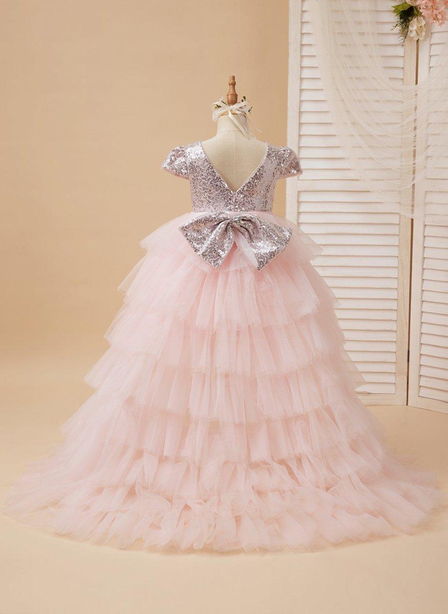 Pink Sequined Tulle Flower Girl Dress Ball Gown Short Sleeves V Back - photo 3