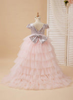 Pink Sequined Tulle Flower Girl Dress Ball Gown Short Sleeves V Back - photo 3
