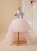 Pink Sequined Tulle Flower Girl Dress Ball Gown Short Sleeves V Back - photo 1
