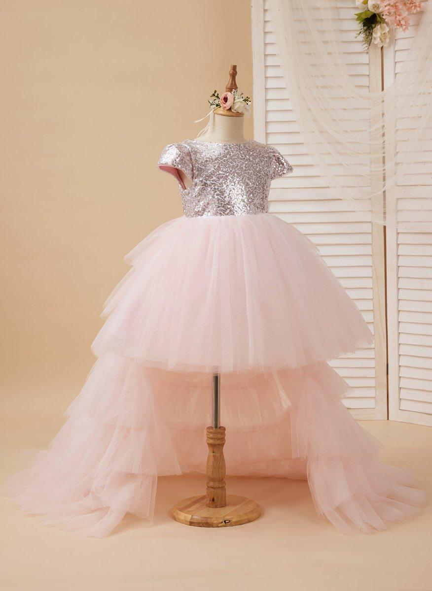 Pink Sequined Tulle Flower Girl Dress Ball Gown Short Sleeves V Back - photo 1