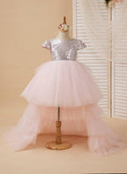 Pink Sequined Tulle Flower Girl Dress Ball Gown Short Sleeves V Back - photo 4