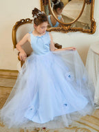 Blue Ball Gown Flower Girl Dress With Lace Appliques And Sweep Train - photo 6