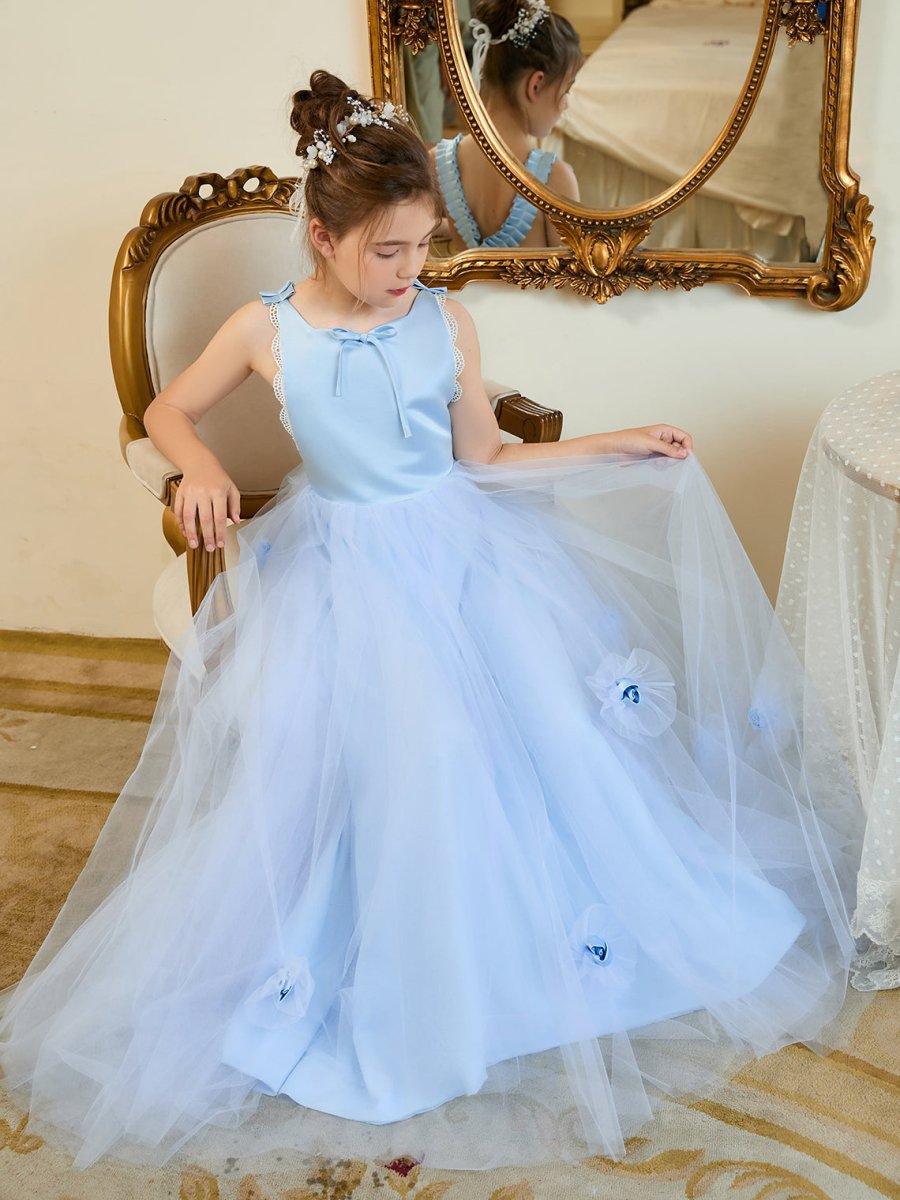 Blue Ball Gown Flower Girl Dress With Lace Appliques And Sweep Train - photo 6