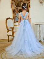 Blue Ball Gown Flower Girl Dress With Lace Appliques And Sweep Train - photo 2