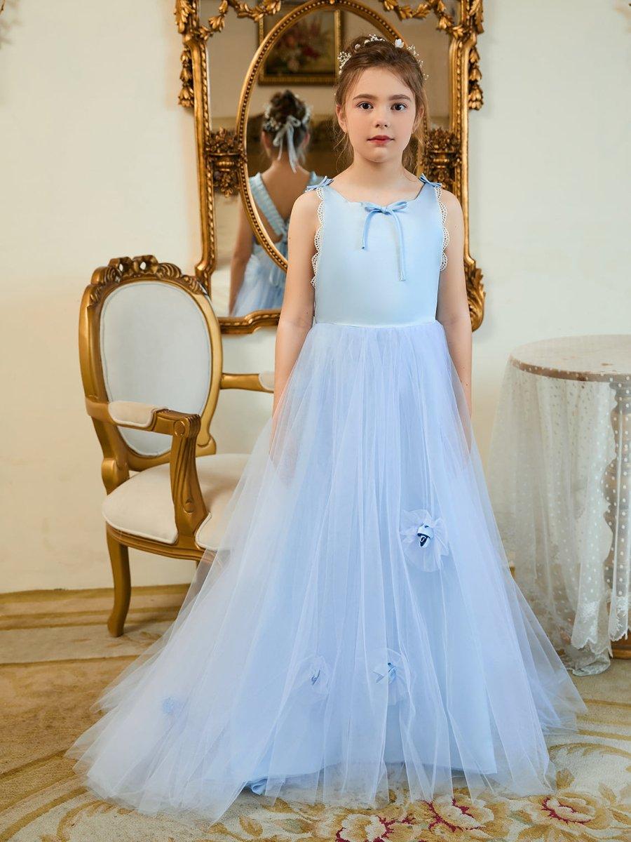 Blue Ball Gown Flower Girl Dress With Lace Appliques And Sweep Train - photo 1