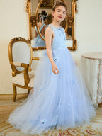 Blue Ball Gown Flower Girl Dress With Lace Appliques And Sweep Train - photo 4