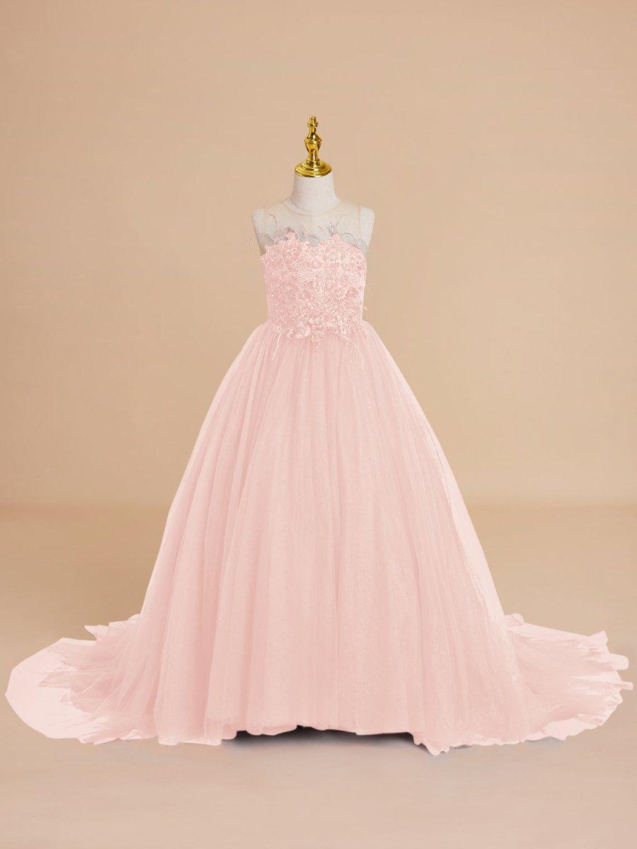 Sleeveless Beaded Tulle Ball Gown Sweep Train Flower Girl Dress Burgundy - photo 3