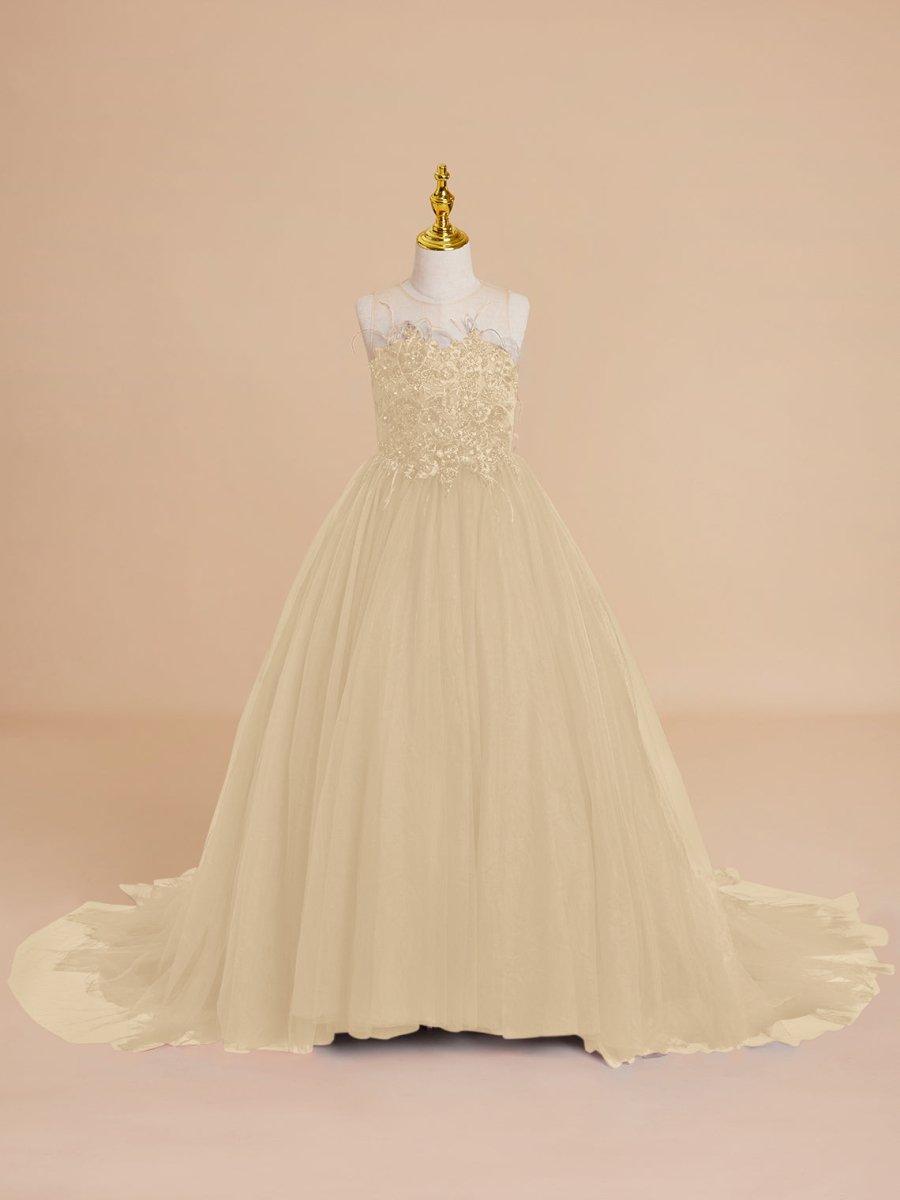 Burgundy Tulle Flower Girl Dress Princess Ball Gown Beaded Feather Sweep Train - photo 5