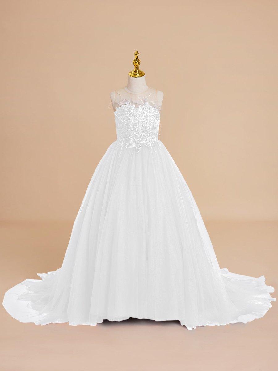 Burgundy Tulle Flower Girl Dress Princess Ball Gown Beaded Feather Sweep Train - photo 3