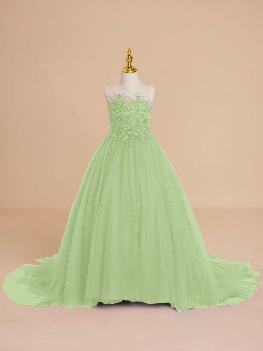 Sleeveless Beaded Tulle Ball Gown Sweep Train Flower Girl Dress Burgundy - photo 1
