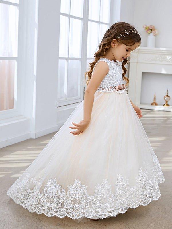 Ivory Tulle Ball Gown Flower Girl Dress Lace Applique Sweep Train - photo 3