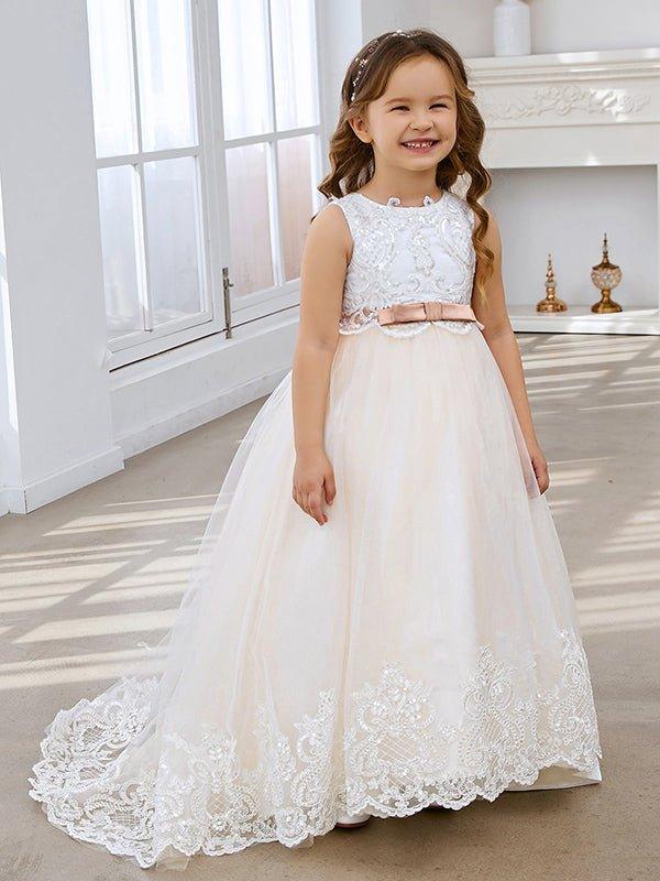 Ivory Tulle Ball Gown Flower Girl Dress Lace Applique Sweep Train - photo 1