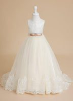 Ivory Tulle Ball Gown Flower Girl Dress Lace Applique Sweep Train - photo 5