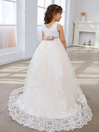 Ivory Tulle Ball Gown Flower Girl Dress Lace Applique Sweep Train - photo 2