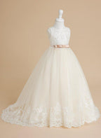 Ivory Tulle Ball Gown Flower Girl Dress Lace Applique Sweep Train - photo 4