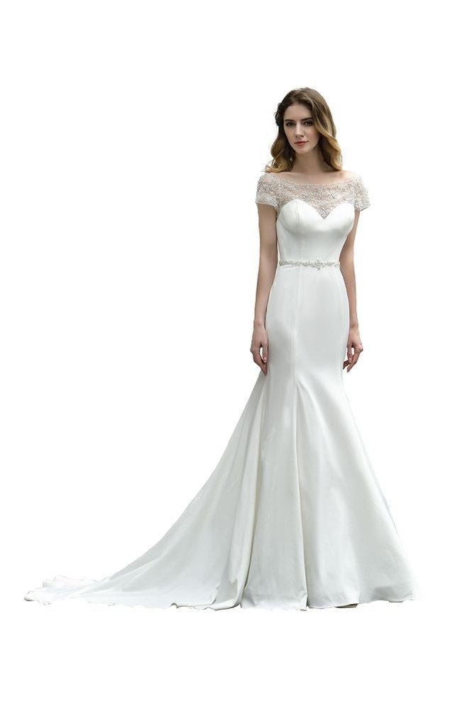Robe de mariée sirène ajustée à manches courtes en satin avec traîne balayante/trumpet