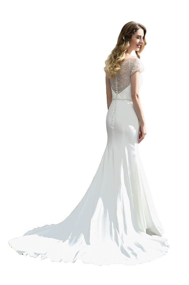 Robe de mariée sirène ajustée à manches courtes en satin avec traîne balayante/trumpet