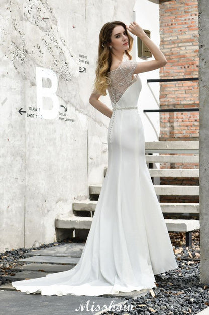 Bateau Short Sleeve Slim Mermaid Wedding Gown Satin Bridal Gown Sweep/Trump Train